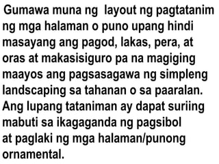 Gumawa muna ng layout ng pagtatanim
ng mga halaman o puno upang hindi
masayang ang pagod, lakas, pera, at
oras at makasisiguro pa na magiging
maayos ang pagsasagawa ng simpleng
landscaping sa tahanan o sa paaralan.
Ang lupang tataniman ay dapat suriing
mabuti sa ikagaganda ng pagsibol
at paglaki ng mga halaman/punong
ornamental.
 