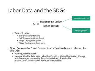 Labor Data and the SDGs
𝐿𝐿𝐿𝐿 =
𝑅𝑅𝑅𝑅𝑅𝑅𝑅𝑅𝑅𝑅𝑅𝑅𝑅𝑅 𝑡𝑡𝑡𝑡 𝐿𝐿𝐿𝐿𝐿𝐿𝐿𝐿𝐿𝐿
𝐿𝐿𝐿𝐿𝐿𝐿𝐿𝐿𝐿𝐿 𝐼𝐼𝐼𝐼𝐼𝐼𝐼𝐼𝐼𝐼𝐼𝐼
• Types of Labor:
• Self Employment (farm)
• Self Employment (non-farm)
• Wage Employment (farm)
• Wage Employment (non-farm)
• Good “numerator” and “denominator” estimates are relevant for
all SDGs:
• Poverty, Decent work
• Hunger, Health, Education, Gender Equality, Water/Sanitation, Energy,
Infrastructure, Inequality, Sustainable cities, Sustainable
production/consumption Reduced Inequalities
Income sources
Employment
 