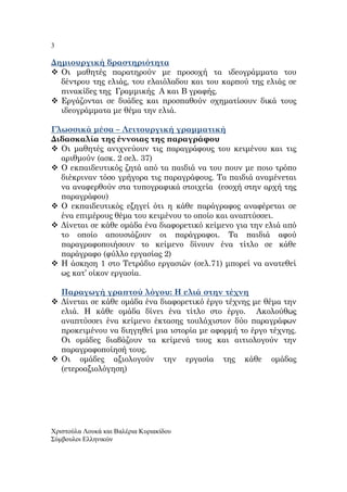 3
Χριστούλα Λουκά και Βαλέρια Κυριακίδου
Σύµβουλοι Ελληνικών
∆ηµιουργική δραστηριότητα
Οι µαθητές ̟αρατηρούν µε ̟ροσοχή τα ιδεογράµµατα του
δέντρου της ελιάς, του ελαιόλαδου και του καρ̟ού της ελιάς σε
̟ινακίδες της Γραµµικής Α και Β γραφής.
Εργάζονται σε δυάδες και ̟ροσ̟αθούν σχηµατίσουν δικά τους
ιδεογράµµατα µε θέµα την ελιά.
Γλωσσικά µέσα – Λειτουργική γραµµατική
∆ιδασκαλία της έννοιας της ̟αραγράφου
Οι µαθητές ανιχνεύουν τις ̟αραγράφους του κειµένου και τις
αριθµούν (ασκ. 2 σελ. 37)
Ο εκ̟αιδευτικός ζητά α̟ό τα ̟αιδιά να του ̟ουν µε ̟οιο τρό̟ο
διέκριναν τόσο γρήγορα τις ̟αραγράφους. Τα ̟αιδιά αναµένεται
να αναφερθούν στα τυ̟ογραφικά στοιχεία (εσοχή στην αρχή της
̟αραγράφου)
Ο εκ̟αιδευτικός εξηγεί ότι η κάθε ̟αράγραφος αναφέρεται σε
ένα ε̟ιµέρους θέµα του κειµένου το ο̟οίο και ανα̟τύσσει.
∆ίνεται σε κάθε οµάδα ένα διαφορετικό κείµενο για την ελιά α̟ό
το ο̟οίο α̟ουσιάζουν οι ̟αράγραφοι. Τα ̟αιδιά αφού
̟αραγραφο̟οιήσουν το κείµενο δίνουν ένα τίτλο σε κάθε
̟αράγραφο (φύλλο εργασίας 2)
Η άσκηση 1 στο Τετράδιο εργασιών (σελ.71) µ̟ορεί να ανατεθεί
ως κατ’ οίκον εργασία.
Παραγωγή γρα̟τού λόγου: Η ελιά στην τέχνη
∆ίνεται σε κάθε οµάδα ένα διαφορετικό έργο τέχνης µε θέµα την
ελιά. Η κάθε οµάδα δίνει ένα τίτλο στο έργο. Ακολούθως
ανα̟τύσσει ένα κείµενο έκτασης τουλάχιστον δύο ̟αραγράφων
̟ροκειµένου να διηγηθεί µια ιστορία µε αφορµή το έργο τέχνης.
Οι οµάδες διαβάζουν τα κείµενά τους και αιτιολογούν την
̟αραγραφο̟οίησή τους.
Οι οµάδες αξιολογούν την εργασία της κάθε οµάδας
(ετεροαξιολόγηση)
 