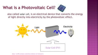 What is a Photovoltaic Cell?
also called solar cell, is an electrical device that converts the energy
of light directly into electricity by the photovoltaic effect.
Solar Cell (PV)
Light Electricity
[https://sah786.wordpress.com]or[www.slideshare.net/SaHussain1]
 