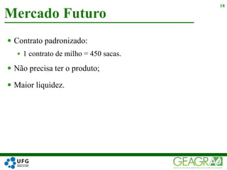  Contrato padronizado:
 1 contrato de milho = 450 sacas.
 Não precisa ter o produto;
 Maior liquidez.
Mercado Futuro
18
 