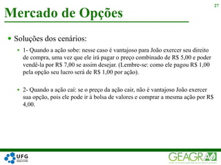  Soluções dos cenários:
 1- Quando a ação sobe: nesse caso é vantajoso para João exercer seu direito
de compra, uma vez que ele irá pagar o preço combinado de R$ 5,00 e poder
vendê-la por R$ 7,00 se assim desejar. (Lembre-se: como ele pagou R$ 1,00
pela opção seu lucro será de R$ 1,00 por ação).
 2- Quando a ação caí: se o preço da ação cair, não é vantajoso João exercer
sua opção, pois ele pode ir à bolsa de valores e comprar a mesma ação por R$
4,00.
Mercado de Opções
27
 