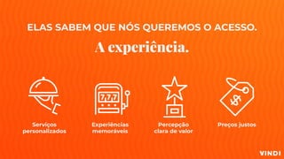 ELAS SABEM QUE NÓS QUEREMOS O ACESSO.
A experiência.
Experiências
memoráveis
Serviços
personalizados
Preços justosPercepção
clara de valor
 