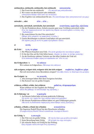 enttäuschen, enttäuscht, enttäuschte, hat enttäuscht áðïãïçôåýù
1. Das Essen hat uns enttäuscht. (Ôï öáãçôü ìáò áðïãïÞôåõóå.)
2. Wir waren von dem Konzert sehr enttäuscht.
(ÁðïãïçôåõôÞêáìå ðïëý áðü ôçí óõíáõëßá.)
3. Das Ergebnis war enttäuschend für uns. (Ôï áðïôÝëåóìá Þôáí áðïãïçôåõôéêü ãéá ìáò.)
entweder ... oder åßôå ... åßôå ...
entwickeln, entwickelt, entwickelte, hat entwickelt áíáðôýóóù, åìöáíßæù, åîåëßóóù
1. Für die Produktion dieses Atrikels mussten ganz neue Verfahren entwickelt wrden.
(Ãéá ôçí ðáñáãùãÞ áõôïý ôïõ ðñïúüíôïò Ýðñåðå íá áíáðôõ÷èïýí åíôåëþò íÝåò
äéáäéêÜóéåò.)
2. Bis wann können Sie den Film entwickeln?
(ÌÝ÷ñé ðüôå ìðïñåßôå íá åìöáíßóåôå ôï öéëì ;)
3. Unsere Beziehungen zu diesem Land haben sich gut entwickelt.
(Ïé ó÷Ýóåéò ìáò ìå áõôÞ ôç ÷þñá åîåëß÷èçêáí êáëÜ.)
er áõôüò
die Erde / ç ãç, ôï ÷þìá
1. Die Pflanzen brauchen neue Erde. (Ôá öõôÜ ÷ñåéÜæïíôáé êáéíïýñãéï ÷þìá.)
2. Er hat das Glas auf die Erde fallen lassen. (Áöçóå íá ðÝóåé ôï ðïôÞñé êáôáãÞò.)
3. An der Konferenz nahmen Vertreter aus fast allen Ländern der Erde teil.
(Óôç óýóêåøç Ýëáâáí ìÝñïò áíôéðñüóùðïé áð’ üëç ôç ãç.)
das Erdgeschoss / e ôï éóüãåéï
Wir wohnen im Erdgeschoss. (ÌÝíïõìå óôï éóüãåéï.)
sich ereignen, ereignet sich, ereignete sich, hat sich ereignet óõìâáßíåé, ëáìâÜíåé ÷þñá
Hat sich inzwischen etwas Besonderes ereignet? (ÓõíÝâç ôßðïôå ôï éäéáßôåñï óôï ìåôáîý;)
das Ereignis / se ôï ãåãïíüò
1. Alle Zeitungen haben über diese Ereignisse berichtet.
2. Das Konzert war ein großes Ereignis.
erfahren, erfährt, erfuhr, hat erfahren ìáèáßíù, ðëçñïöïñïýìáé
Wann erfahren wir das Ergebnis der Prüfung?
(Ðüôå èá ìÜèïõìå ôï áðïôÝëåóìá ôçò åîÝôáóçò ;)
die Erfahrung / en ç åìðåéñßá
1. Auf diesem Gebiet habe ich keine praktische Erfahrung.
(Óå áõôüí ôïí ôïìÝá äåí Ý÷ù êÜðïéá ðñáêôéêÞ åìðåéñßá.)
2. Mit diesem Produktionsverfahren haben wir gute Erfahrungen gemacht.
(Ìå áõôÞ ôç äéáäéêáóßá ðáñáãùãÞò áðïêôÞóáìå êáëÝò åìðåéñßåò.)
erfinden, erfindet, erfand, hat erfunden áíáêáëýðôù
Der Ingenieur Rudolf Diesel hat den Dieselmotor erfunden.
(Ï ìç÷áíïëüãïò Rudolf Diesel áíáêÜëõøå ôç ìç÷áíÞ Diesel.)
der Erfolg / e ç åðéôõ÷ßá
1. Der Film war ein großer Erfolg. (Ç ôáéíßá Þôáí ìéá ìåãÜëç åðéôõ÷ßá.)
2. Seine Bewerbung hatte Erfolg. (Ç áßôçóÞ ôïõ åß÷å åðéôõ÷ßá.)
3. Ich wünsche Ihnen viel Erfolg bei der Prüfung.
(Óáò åý÷ïìáé êáëÞ åðéôõ÷ßá óôéò åîåôÜóåéò.)
 