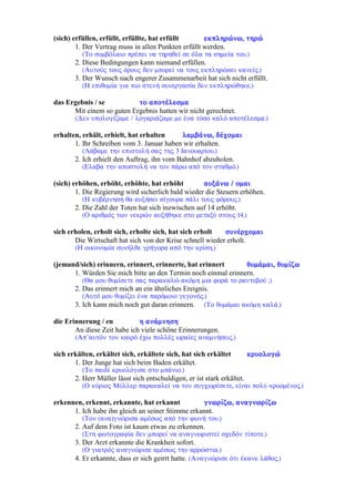 (sich) erfüllen, erfüllt, erfüllte, hat erfüllt åêðëçñþíù, ôçñþ
1. Der Vertrag muss in allen Punkten erfüllt werden.
(Ôï óõìâüëáéï ðñÝðåé íá ôçñçèåß óå üëá ôá óçìåßá ôïõ.)
2. Diese Bedingungen kann niemand erfüllen.
(Áõôïýò ôïõò üñïõò äåí ìðïñåß íá ôïõò åêðëçñþóåé êáíåßò.)
3. Der Wunsch nach engerer Zusammenarbeit hat sich nicht erfüllt.
(Ç åðéèõìßá ãéá ðéï óôåíÞ óõíåñãáóßá äåí åêðëçñþèçêå.)
das Ergebnis / se ôï áðïôÝëåóìá
Mit einem so guten Ergebnis hatten wir nicht gerechnet.
(Äåí õðïëïãßæáìå / ëïãáñéÜæáìå ìå Ýíá ôüóï êáëü áðïôÝëåóìá.)
erhalten, erhält, erhielt, hat erhalten ëáìâÜíù, äÝ÷ïìáé
1. Ihr Schreiben vom 3. Januar haben wir erhalten.
(ËÜâáìå ôçí åðéóôïëÞ óáò ôçò 3 Éáíïõáñßïõ.)
2. Ich erhielt den Auftrag, ihn vom Bahnhof abzuholen.
(Åëáâá ôçí áðïóôïëÞ íá ôïí ðÜñù áðü ôïí óôáèìü.)
(sich) erhöhen, erhöht, erhöhte, hat erhöht áõîÜíù / ïìáé
1. Die Regierung wird sicherlich bald wieder die Steuern erhöhen.
(Ç êõâÝñíçóç èá áõîÞóåé óßãïõñá ðÜëé ôïõò öüñïõò.)
2. Die Zahl der Toten hat sich inzwischen auf 14 erhöht.
(Ï áñéèìüò ôùí íåêñþí áõîÞèçêå óôï ìåôáîý óôïõò 14.)
sich erholen, erholt sich, erholte sich, hat sich erholt óõíÝñ÷ïìáé
Die Wirtschaft hat sich von der Krise schnell wieder erholt.
(Ç ïéêïíïìßá óõíÞëèå ãñÞãïñá áðü ôçí êñßóç.)
(jemand/sich) erinnern, erinnert, erinnerte, hat erinnert èõìÜìáé, èõìßæù
1. Würden Sie mich bitte an den Termin noch einmal erinnern.
(Èá ìïõ èõìßóåôå óáò ðáñáêáëþ áêüìç ìéá öïñÜ ôï ñáíôåâïý ;)
2. Das erinnert mich an ein ähnliches Ereignis.
(Áõôü ìïõ èõìßæåé Ýíá ðáñüìïéï ãåãïíüò.)
3. Ich kann mich noch gut daran erinnern. (Ôï èõìÜìáé áêüìç êáëÜ.)
die Erinnerung / en ç áíÜìíçóç
An diese Zeit habe ich viele schöne Erinnerungen.
(Áð’áõôüí ôïí êáéñü Ý÷ù ðïëëÝò ùñáßåò áíáìíÞóåéò.)
sich erkälten, erkältet sich, erkältete sich, hat sich erkältet êñõïëïãþ
1. Der Junge hat sich beim Baden erkältet.
(Ôï ðáéäß êñõïëüãéóå óôï ìðÜíéï.)
2. Herr Müller lässt sich entschuldigen, er ist stark erkältet.
(Ï êýñéïò Ìýëëåñ ðáñáêáëåß íá ôïí óõã÷ùñÝóåôå, åßíáé ðïëý êñõïìÝíïò.)
erkennen, erkennt, erkannte, hat erkannt ãíùñßæù, áíáãíùñßæù
1. Ich habe ihn gleich an seiner Stimme erkannt.
(Ôïí (áíá)ãíþñéóá áìÝóùò áðü ôçí öùíÞ ôïõ.)
2. Auf dem Foto ist kaum etwas zu erkennen.
(Óôç öùôïãñáößá äåí ìðïñåß íá áíáãíùñéóôåß ó÷åäüí ôßðïôå.)
3. Der Arzt erkannte die Krankheit sofort.
(Ï ãéáôñüò áíáãíþñéóå áìÝóùò ôçí áññþóôéá.)
4. Er erkannte, dass er sich geirrt hatte. (Áíáãíþñéóå üôé Ýêáíå ëÜèïò.)
 