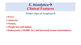 E. histolytica
Clinical Features
Other Signs & Symptoms
Fever,
Anorexia,
Nausea,
Weight loss and fatigue,
leukocytosis (>10,000/ AL) and increased serum transaminases.
 