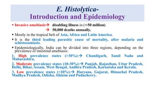 E. Histolytica-
Introduction and Epidemiology
 Invasive amebiasis disabling illness in (≂50 million)
 50,000 deaths annually.
 Mostly in the tropical belt of Asia, Africa and Latin America.
 It is the third leading parasitic cause of mortality, after malaria and
schistosomiasis.
 Epidemiologically, India can be divided into three regions, depending on the
prevalence of intestinal amebiasis:
1. High prevalence states (>30%): Chandigarh, Tamil Nadu and
Maharashtra.
2. Moderate prevalence states (10-30%): Punjab, Rajasthan, Uttar Pradesh,
Delhi, Bihar, Assam, West Bengal, Andhra Pradesh, Karnataka and Kerala.
3. Low prevalence states (<10%): Haryana, Gujarat, Himachal Pradesh,
Madhya Pradesh, Odisha, Sikkim and Puducherry.
 