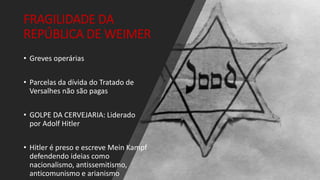 FRAGILIDADE DA
REPÚBLICA DE WEIMER
• Greves operárias
• Parcelas da dívida do Tratado de
Versalhes não são pagas
• GOLPE DA CERVEJARIA: Liderado
por Adolf Hitler
• Hitler é preso e escreve Mein Kampf
defendendo ideias como
nacionalismo, antissemitismo,
anticomunismo e arianismo
 