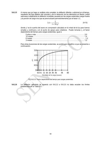 69
9.6.2.5 A menos que se haga un análisis más completo, la deflexión diferida o adicional en el tiempo,
resultante del flujo plástico del concreto y de la retracción de los elementos en flexión, podrá
estimarse multiplicando la deflexión inmediata causada por las cargas sostenidas (carga muerta
y la porción de carga viva que se prevé actuará permanentemente) por el factor .
1 50 '

 
 
(9-15)
donde ′ es la cuantía del acero en compresión calculado en la mitad de la luz para tramos
simples y continuos y en el punto de apoyo para voladizos. Puede tomarse , el factor
dependiente del tiempo para cargas sostenidas, igual a:
5 años o más ........................................................................................................ 2,0
12 meses............................................................................................................... 1,4
6 meses ...............................................................………………….………………. ..1,2
3 meses ................................................................................................................ 1,0
Para otras duraciones de las cargas sostenidas, se podrá usar el gráfico a que se presenta a
continuación.
9.6.2.6 La deflexión calculada de acuerdo con 9.6.2.2 a 9.6.2.5 no debe exceder los límites
establecidos en la Tabla 9.2
Fig. 9.6.2.5 Factor dependiente del tiempo para cargas sostenidas.
Duración de la carga (meses)

 