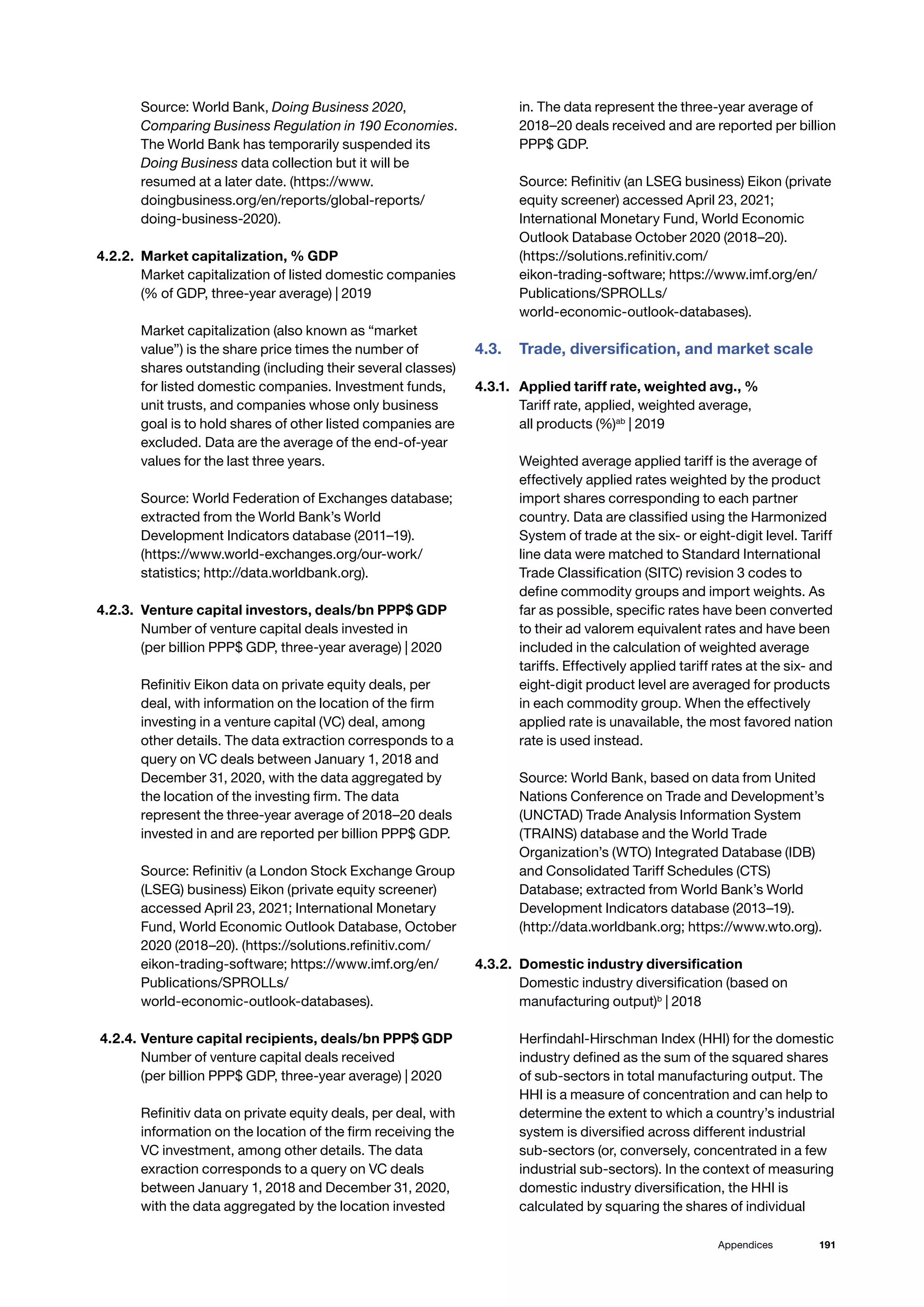 191
Appendices
Source: World Bank, Doing Business 2020,
Comparing Business Regulation in 190 Economies.
The World Bank has temporarily suspended its
Doing Business data collection but it will be
resumed at a later date. (https://www.
doingbusiness.org/en/reports/global-reports/
doing-business-2020).
4.2.2. 	Market capitalization, % GDP
Market capitalization of listed domestic companies
(% of GDP, three-year average) | 2019
Market capitalization (also known as “market
value”) is the share price times the number of
shares outstanding (including their several classes)
for listed domestic companies. Investment funds,
unit trusts, and companies whose only business
goal is to hold shares of other listed companies are
excluded. Data are the average of the end-of-year
values for the last three years.
Source: World Federation of Exchanges database;
extracted from the World Bank’s World
Development Indicators database (2011–19).
(https://www.world-exchanges.org/our-work/
statistics; http://data.worldbank.org).
4.2.3. 	Venture capital investors, deals/bn PPP$ GDP
Number of venture capital deals invested in
(per billion PPP$ GDP, three-year average) | 2020
Refinitiv Eikon data on private equity deals, per
deal, with information on the location of the firm
investing in a venture capital (VC) deal, among
other details. The data extraction corresponds to a
query on VC deals between January 1, 2018 and
December 31, 2020, with the data aggregated by
the location of the investing firm. The data
represent the three-year average of 2018–20 deals
invested in and are reported per billion PPP$ GDP.
Source: Refinitiv (a London Stock Exchange Group
(LSEG) business) Eikon (private equity screener)
accessed April 23, 2021; International Monetary
Fund, World Economic Outlook Database, October
2020 (2018–20). (https://solutions.refinitiv.com/
eikon-trading-software; https://www.imf.org/en/
Publications/SPROLLs/
world-economic-outlook-databases).
4.2.4. 	Venture capital recipients, deals/bn PPP$ GDP
Number of venture capital deals received
(per billion PPP$ GDP, three-year average) | 2020
Refinitiv data on private equity deals, per deal, with
information on the location of the firm receiving the
VC investment, among other details. The data
exraction corresponds to a query on VC deals
between January 1, 2018 and December 31, 2020,
with the data aggregated by the location invested
in. The data represent the three-year average of
2018–20 deals received and are reported per billion
PPP$ GDP.
Source: Refinitiv (an LSEG business) Eikon (private
equity screener) accessed April 23, 2021;
International Monetary Fund, World Economic
Outlook Database October 2020 (2018–20).
(https://solutions.refinitiv.com/
eikon-trading-software; https://www.imf.org/en/
Publications/SPROLLs/
world-economic-outlook-databases).
4.3.	 Trade, diversification, and market scale
4.3.1. 	 Applied tariff rate, weighted avg., %
Tariff rate, applied, weighted average,
all products (%)ab
| 2019
Weighted average applied tariff is the average of
effectively applied rates weighted by the product
import shares corresponding to each partner
country. Data are classified using the Harmonized
System of trade at the six- or eight-digit level. Tariff
line data were matched to Standard International
Trade Classification (SITC) revision 3 codes to
define commodity groups and import weights. As
far as possible, specific rates have been converted
to their ad valorem equivalent rates and have been
included in the calculation of weighted average
tariffs. Effectively applied tariff rates at the six- and
eight-digit product level are averaged for products
in each commodity group. When the effectively
applied rate is unavailable, the most favored nation
rate is used instead.
Source: World Bank, based on data from United
Nations Conference on Trade and Development’s
(UNCTAD) Trade Analysis Information System
(TRAINS) database and the World Trade
Organization’s (WTO) Integrated Database (IDB)
and Consolidated Tariff Schedules (CTS)
Database; extracted from World Bank’s World
Development Indicators database (2013–19).
(http://data.worldbank.org; https://www.wto.org).
4.3.2. 	Domestic industry diversification
Domestic industry diversification (based on
manufacturing output)b
| 2018
Herfindahl-Hirschman Index (HHI) for the domestic
industry defined as the sum of the squared shares
of sub-sectors in total manufacturing output. The
HHI is a measure of concentration and can help to
determine the extent to which a country’s industrial
system is diversified across different industrial
sub-sectors (or, conversely, concentrated in a few
industrial sub-sectors). In the context of measuring
domestic industry diversification, the HHI is
calculated by squaring the shares of individual
 