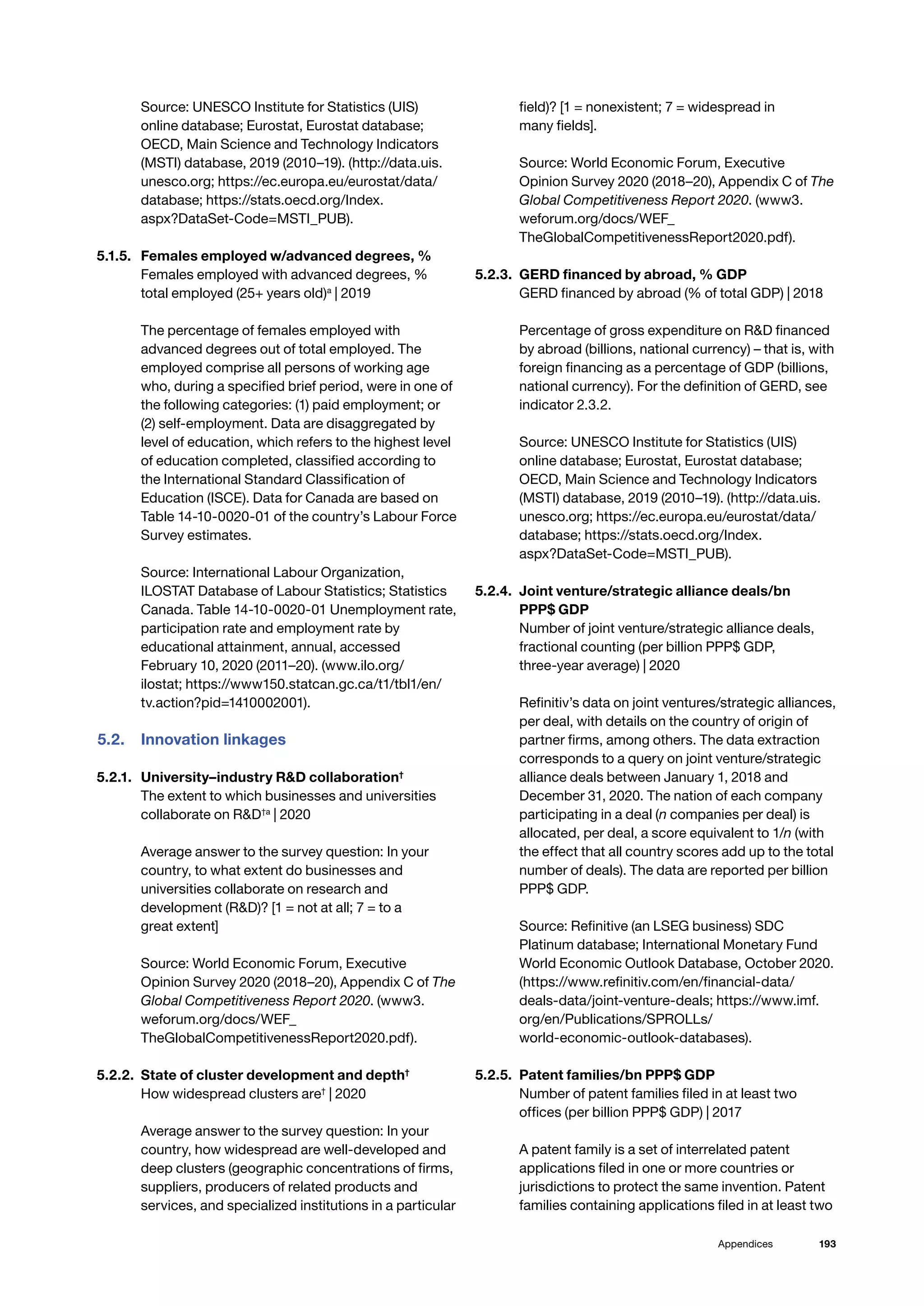 193
Appendices
Source: UNESCO Institute for Statistics (UIS)
online database; Eurostat, Eurostat database;
OECD, Main Science and Technology Indicators
(MSTI) database, 2019 (2010–19). (http://data.uis.
unesco.org; https://ec.europa.eu/eurostat/data/
database; https://stats.oecd.org/Index.
aspx?DataSet-Code=MSTI_PUB).
5.1.5. 	 Females employed w/advanced degrees, %
Females employed with advanced degrees, %
total employed (25+ years old)a
| 2019
The percentage of females employed with
advanced degrees out of total employed. The
employed comprise all persons of working age
who, during a specified brief period, were in one of
the following categories: (1) paid employment; or
(2) self-employment. Data are disaggregated by
level of education, which refers to the highest level
of education completed, classified according to
the International Standard Classification of
Education (ISCE). Data for Canada are based on
Table 14-10-0020-01 of the country’s Labour Force
Survey estimates.
Source: International Labour Organization,
ILOSTAT Database of Labour Statistics; Statistics
Canada. Table 14-10-0020-01 Unemployment rate,
participation rate and employment rate by
educational attainment, annual, accessed
February 10, 2020 (2011–20). (www.ilo.org/
ilostat; https://www150.statcan.gc.ca/t1/tbl1/en/
tv.action?pid=1410002001).
5.2.	 Innovation linkages
5.2.1. 	 University–industry RD collaboration†
The extent to which businesses and universities
collaborate on RD†a
| 2020
Average answer to the survey question: In your
country, to what extent do businesses and
universities collaborate on research and
development (RD)? [1 = not at all; 7 = to a
great extent]
Source: World Economic Forum, Executive
Opinion Survey 2020 (2018–20), Appendix C of The
Global Competitiveness Report 2020. (www3.
weforum.org/docs/WEF_
TheGlobalCompetitivenessReport2020.pdf).
5.2.2. 	State of cluster development and depth†
How widespread clusters are†
| 2020
Average answer to the survey question: In your
country, how widespread are well-developed and
deep clusters (geographic concentrations of firms,
suppliers, producers of related products and
services, and specialized institutions in a particular
field)? [1 = nonexistent; 7 = widespread in
many fields].
Source: World Economic Forum, Executive
Opinion Survey 2020 (2018–20), Appendix C of The
Global Competitiveness Report 2020. (www3.
weforum.org/docs/WEF_
TheGlobalCompetitivenessReport2020.pdf).
5.2.3. 	GERD financed by abroad, % GDP
GERD financed by abroad (% of total GDP) | 2018
Percentage of gross expenditure on RD financed
by abroad (billions, national currency) – that is, with
foreign financing as a percentage of GDP (billions,
national currency). For the definition of GERD, see
indicator 2.3.2.
Source: UNESCO Institute for Statistics (UIS)
online database; Eurostat, Eurostat database;
OECD, Main Science and Technology Indicators
(MSTI) database, 2019 (2010–19). (http://data.uis.
unesco.org; https://ec.europa.eu/eurostat/data/
database; https://stats.oecd.org/Index.
aspx?DataSet-Code=MSTI_PUB).
5.2.4. 	Joint venture/strategic alliance deals/bn
PPP$ GDP
Number of joint venture/strategic alliance deals,
fractional counting (per billion PPP$ GDP,
three-year average) | 2020
Refinitiv’s data on joint ventures/strategic alliances,
per deal, with details on the country of origin of
partner firms, among others. The data extraction
corresponds to a query on joint venture/strategic
alliance deals between January 1, 2018 and
December 31, 2020. The nation of each company
participating in a deal (n companies per deal) is
allocated, per deal, a score equivalent to 1/n (with
the effect that all country scores add up to the total
number of deals). The data are reported per billion
PPP$ GDP.
Source: Refinitive (an LSEG business) SDC
Platinum database; International Monetary Fund
World Economic Outlook Database, October 2020.
(https://www.refinitiv.com/en/financial-data/
deals-data/joint-venture-deals; https://www.imf.
org/en/Publications/SPROLLs/
world-economic-outlook-databases).
5.2.5. 	Patent families/bn PPP$ GDP
Number of patent families filed in at least two
offices (per billion PPP$ GDP) | 2017
A patent family is a set of interrelated patent
applications filed in one or more countries or
jurisdictions to protect the same invention. Patent
families containing applications filed in at least two
 