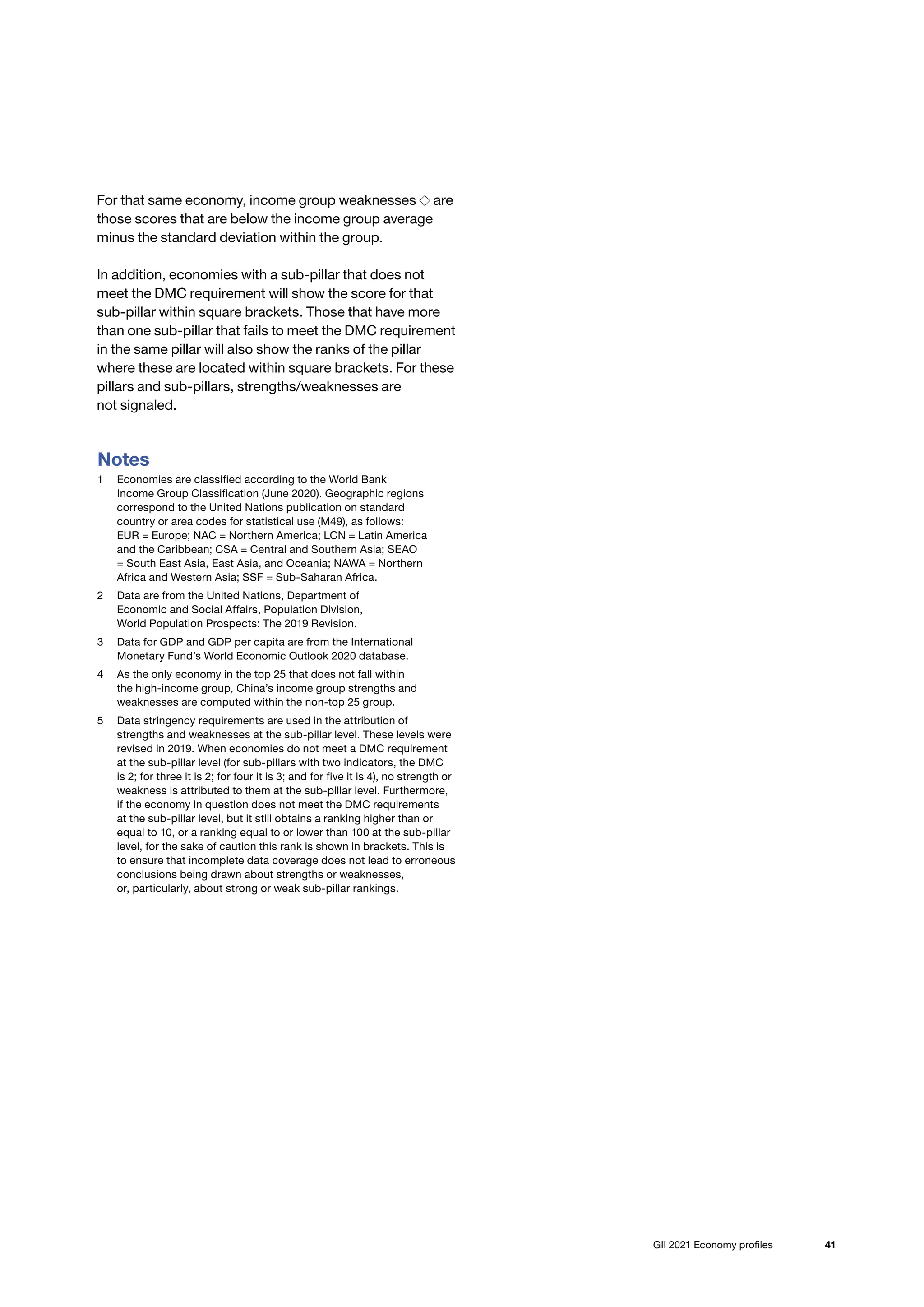 41
GII 2021 Economy profiles
For that same economy, income group weaknesses ◇ are
those scores that are below the income group average
minus the standard deviation within the group.
In addition, economies with a sub-pillar that does not
meet the DMC requirement will show the score for that
sub-pillar within square brackets. Those that have more
than one sub-pillar that fails to meet the DMC requirement
in the same pillar will also show the ranks of the pillar
where these are located within square brackets. For these
pillars and sub-pillars, strengths/weaknesses are
not signaled.
Notes
1	 Economies are classified according to the World Bank
Income Group Classification (June 2020). Geographic regions
correspond to the United Nations publication on standard
country or area codes for statistical use (M49), as follows:
EUR = Europe; NAC = Northern America; LCN = Latin America
and the Caribbean; CSA = Central and Southern Asia; SEAO
= South East Asia, East Asia, and Oceania; NAWA = Northern
Africa and Western Asia; SSF = Sub-Saharan Africa.
2	 Data are from the United Nations, Department of
Economic and Social Affairs, Population Division,
World Population Prospects: The 2019 Revision.
3	 Data for GDP and GDP per capita are from the International
Monetary Fund’s World Economic Outlook 2020 database.
4	 As the only economy in the top 25 that does not fall within
the high-income group, China’s income group strengths and
weaknesses are computed within the non-top 25 group.
5	 Data stringency requirements are used in the attribution of
strengths and weaknesses at the sub-pillar level. These levels were
revised in 2019. When economies do not meet a DMC requirement
at the sub-pillar level (for sub-pillars with two indicators, the DMC
is 2; for three it is 2; for four it is 3; and for five it is 4), no strength or
weakness is attributed to them at the sub-pillar level. Furthermore,
if the economy in question does not meet the DMC requirements
at the sub-pillar level, but it still obtains a ranking higher than or
equal to 10, or a ranking equal to or lower than 100 at the sub-pillar
level, for the sake of caution this rank is shown in brackets. This is
to ensure that incomplete data coverage does not lead to erroneous
conclusions being drawn about strengths or weaknesses,
or, particularly, about strong or weak sub-pillar rankings.
 