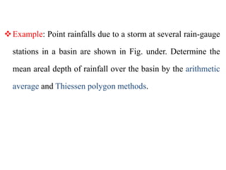 Example: Point rainfalls due to a storm at several rain-gauge
stations in a basin are shown in Fig. under. Determine the
mean areal depth of rainfall over the basin by the arithmetic
average and Thiessen polygon methods.
 