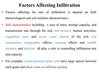 Factors Affecting Infiltration
• Factors affecting the rate of infiltration is depend on both
meteorological and soil medium characteristics:
• Soil characteristics including ( ease of entry, storage capacity, and
transmission rate through the soil, soil texture), human activities,
vegetation types and cover, water content of the soil, soil
temperature, topographic effects, seasonal effects and rainfall
intensity and duration all play a role in controlling infiltration rate
and capacity.
• For example, coarse-grained sandy soils have large spaces between
each grain and allow water to infiltrate quickly.
 