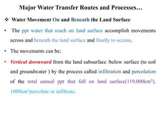Major Water Transfer Routes and Processes…
 Water Movement On and Beneath the Land Surface
• The ppt water that reach on land surface accomplish movements
across and beneath the land surface and finally to oceans.
• The movements can be;
• Vertical downward from the land subsurface /below surface (to soil
and groundwater ) by the process called infiltration and percolation
of the total annual ppt that fall on land surface(119,000km3),
1000km3percolate or infiltrate.
 