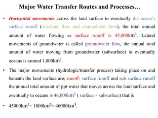 Major Water Transfer Routes and Processes…
• Horizontal movements across the land surface to eventually the ocean’s
surface runoff (overland flow and channelized flow), the total annual
amount of water flowing as surface runoff is 45,000km3. Lateral
movements of groundwater is called groundwater flow, the annual total
amount of water moving from groundwater (subsurface) to eventually
oceans is around 1,000km3.
• The major movements (hydrologic/transfer process) taking place on and
beneath the land surface are; runoff- surface runoff and sub surface runoff
the annual total amount of ppt water that moves across the land surface and
eventually to oceans is 46,000km3 ( surface + subsurface) that is
• 45000km3+ 1000km3= 46000km3.
 