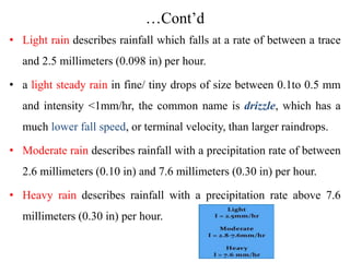…Cont’d
• Light rain describes rainfall which falls at a rate of between a trace
and 2.5 millimeters (0.098 in) per hour.
• a light steady rain in fine/ tiny drops of size between 0.1to 0.5 mm
and intensity <1mm/hr, the common name is drizzle, which has a
much lower fall speed, or terminal velocity, than larger raindrops.
• Moderate rain describes rainfall with a precipitation rate of between
2.6 millimeters (0.10 in) and 7.6 millimeters (0.30 in) per hour.
• Heavy rain describes rainfall with a precipitation rate above 7.6
millimeters (0.30 in) per hour.
 