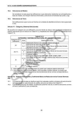 N.T.E. E.030 DISEÑO SISMORRESISTENTE
20
16.4. Estructuras de Madera
Se consideran en este grupo las edificaciones cuyos elementos resistentes son principalmente a
base de madera. Se incluyen sistemas entramados y estructuras arriostradas tipo poste y viga.
16.5. Estructuras de Tierra
Son edificaciones cuyos muros son hechos con unidades de albañilería de tierra o tierra apisonada
in situ.
Artículo 17.- Categoría y Sistemas Estructurales
De acuerdo a la categoría de una edificación y la zona donde se ubique, ésta se proyecta empleando el
sistema estructural que se indica en la Tabla N° 6 y respetando las restricciones a la irregularidad de la
Tabla N° 10.
Tabla N° 6 (*)
CATEGORÍA Y SISTEMA ESTRUCTURAL DE LAS EDIFICACIONES
Categoría de la
Edificación
Zona Sistema Estructural
A1
4 y 3 Aislamiento Sísmico con cualquier sistema estructural.
2 y 1
Estructuras de acero tipo SCBF y EBF.
Estructuras de concreto: Sistema Dual, Muros de Concreto Armado.
Albañilería Armada o Confinada.
A2 (**)
4, 3 y
2
Estructuras de acero tipo SCBF y EBF.
Estructuras de concreto: Sistema Dual, Muros de Concreto Armado.
Albañilería Armada o Confinada.
1 Cualquier sistema.
B
4, 3 y
2
Estructuras de acero tipo SMF, IMF, SCBF, OCBF y EBF.
Estructuras de concreto: Pórticos, Sistema Dual, Muros de Concreto
Armado.
Albañilería Armada o Confinada.
Estructuras de madera
1 Cualquier sistema.
C
4, 3, 2
y 1
Cualquier sistema.
(*) Para edificaciones con cobertura liviana se podrá usar cualquier sistema estructural.
(**) Para pequeñas construcciones rurales, como escuelas y postas médicas, se puede usar
materiales tradicionales siguiendo las recomendaciones de las normas correspondientes a
dichos materiales.
Artículo 18.- Sistemas Estructurales y Coeficiente Básico de Reducción de las Fuerzas Sísmicas
(R0)
18.1. Los sistemas estructurales se clasifican según los materiales usados y el sistema de estructuración
sismorresistente en cada dirección de análisis, tal como se indica en la Tabla N° 7.
18.2. Cuando en la dirección de análisis, la edificación presente más de un sistema estructural, se toma
el menor coeficiente R0 que corresponda.
 