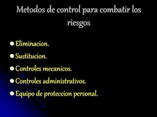 Metodos de control para combatir los
riesgos
 Eliminacion.
 Sustitucion.
 Controles mecanicos.
 Controles administrativos.
 Equipo de proteccion personal.
 