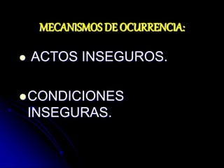 MECANISMOS DE OCURRENCIA:
 ACTOS INSEGUROS.
CONDICIONES
INSEGURAS.
 