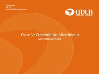 Microbiología
CBI 319
Instituto de Ciencias Naturales
Clase V: Crecimiento Microbiano
MICROORGANISMO:
 