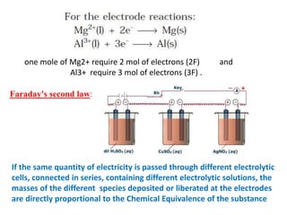 one mole of Mg2+ require 2 mol of electrons (2F) and
Al3+ require 3 mol of electrons (3F) .
Faraday's second law:
If the same quantity of electricity is passed through different electrolytic
cells, connected in series, containing different electrolytic solutions, the
masses of the different species deposited or liberated at the electrodes
are directly proportional to the Chemical Equivalence of the substance
 