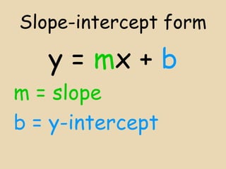Slope-intercept form

y = mx + b
m = slope
b = y-intercept

 