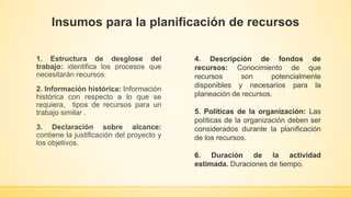 Insumos para la planificación de recursos
1. Estructura de desglose del
trabajo: identifica los procesos que
necesitarán recursos.
2. Información histórica: Información
histórica con respecto a lo que se
requiera, tipos de recursos para un
trabajo similar .
3. Declaración sobre alcance:
contiene la justificación del proyecto y
los objetivos.
4. Descripción de fondos de
recursos: Conocimiento de que
recursos son potencialmente
disponibles y necesarios para la
planeación de recursos.
5. Políticas de la organización: Las
políticas de la organización deben ser
considerados durante la planificación
de los recursos.
6. Duración de la actividad
estimada. Duraciones de tiempo.
 