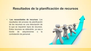 Resultados de la planificación de recursos
• Las necesidades de recursos: Los
resultados del proceso de planificación
de los recursos es una descripción de
lo que se requieren tipos de recursos.
Estos recursos se obtendrán, ya sea a
través de adquisiciones o la
contratación de personal.
 