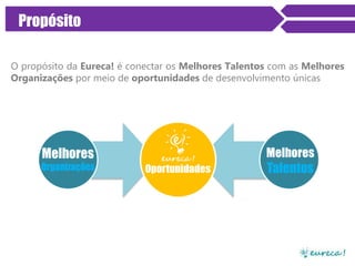 Propósito
O propósito da Eureca! é conectar os Melhores Talentos com as Melhores
Organizações por meio de oportunidades de desenvolvimento únicas

 