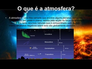 O que é a atmosfera? A atmosfera é  uma fina camada que envolve alguns planetas, composta basicamente por gases e poeira, retidos pela acção da força da gravidade. Como é dos raros recursos naturais que é compartilhado pelo mundo inteiro, os efeitos negativos sobre esta são globalmente sentidos. 