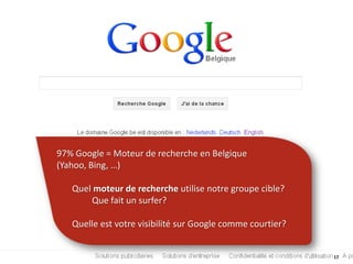 17
97% Google = Moteur de recherche en Belgique
(Yahoo, Bing, …)
Quel moteur de recherche utilise notre groupe cible?
Que fait un surfer?
Quelle est votre visibilité sur Google comme courtier?
 