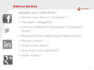 réseaux sociaux
Exemples avec media Social :
• Devons nous être sur facebook ?
• Pourquoi? Obligation?
• Comment débuter? Simulations ? Prudence?
Tester?
• Menaces? Armes défensives? Opportunité?
• Moyen unique?
• Je fais le bon choix?
• Que voulez vous atteindre?
• Quels media?
7
 