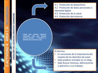 CREAR UNA LICENCIA CREATIVE
COMMONS PARA UNA IMAGEN
DIGITAL EDITADA Y PUBLICAR LA
IMAGEN EN EL BLOG DE CLASE.
CREACIÓNDELICENCIASCREATIVECOMMONS
4.1 Protección de dispositivos.
4.2 Protección de datos personales e
identidad digital.
4.3 Protección de la salud.
4.4 Protección del entorno.
El alumno:
• Es consciente de la importancia del
respeto de los derechos de autor.
• Sabe publicar entradas en un blog.
• Sabe buscar licencias, diferenciarlas
y aplicarlas a sus trabajos.
 