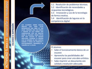 LOS ALUMNOS DEBEN BUSCAR
OBJETOS QUE PARA ELLOS
REPRESENTEN UNA OBRA DE VAN
GOGH. CREARÁN UNA CAJA NEGRA
Y DENTRO DE ELLA HARÁN UNA
COMPOSICIÓN CON LOS OBJETOS
SOBRE EL ESCANER. DEBEN OPTAR
POR UNA CALIDAD DE IMAGEN
ADECUADA, GUARDAR LA IMAGEN
CON SU NOMBRE EN UNA CARPETA
COMÚN A TODOS LOS TRABAJOS Y
POSTERIORMENTE IMPRIMIRLA EN
TAMAÑO A4 Y A COLOR.
ESCANEOEIMPRESIÓN
5.1 Resolución de problemas técnicos.
5.2 Identificación de necesidades y
respuestas tecnológicas.
5.3 Innovación y uso de la tecnología
de forma creativa.
5.4 Identificación de lagunas en la
competencia digital.
El alumno:
• Sabe el funcionamiento básico de un
escaner.
• Aprovecha las posibilidades del
escaner para crear una obra artística.
• Sabe imprimir un documento con
calidad y resolución adecuada.
 