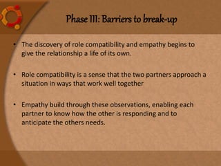 • The discovery of role compatibility and empathy begins to
give the relationship a life of its own.
• Role compatibility is a sense that the two partners approach a
situation in ways that work well together
• Empathy build through these observations, enabling each
partner to know how the other is responding and to
anticipate the others needs.
Phase III: Barriers to break-up
 