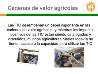Cadenas de valor agrícolas


Las TIC desempeñan un papel importante en las
cadenas de valor agrícolas, y mientras los impactos
  positivos de las TIC están siendo catalogados y
 discutidos, muchos agricultores rurales todavía no
 tienen acceso o la capacidad para utilizar las TIC
 