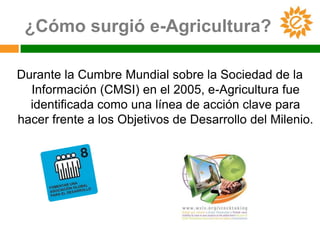 ¿Cómo surgió e-Agricultura?

Durante la Cumbre Mundial sobre la Sociedad de la
  Información (CMSI) en el 2005, e-Agricultura fue
  identificada como una línea de acción clave para
hacer frente a los Objetivos de Desarrollo del Milenio.
 