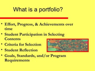 What is a portfolio? Effort, Progress, & Achievements over time Student Participation in Selecting Contents Criteria for Selection Student Reflection Goals, Standards, and/or Program Requirements 