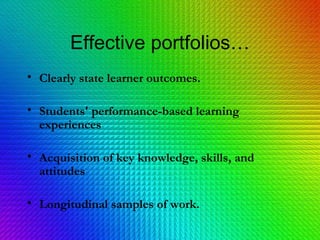 Effective portfolios… Clearly state learner outcomes. Students' performance-based learning experiences Acquisition of key knowledge, skills, and attitudes Longitudinal samples of work. 