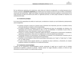 PROGRAMA DE EXPRESIONES ARTÍSTICAS 7°, 8° Y 9° 


 
 
Por  las  ineficiencias  explicativas  del  conductismo,  sobre  todo  por  la  falta  de  consideración  a  la  actitud  pensante  del  ser 
humano se plantea la perspectiva cognitivistas que sostiene que el ser humano es activo en lo que se refiere a la búsqueda y 
construcción del conocimiento.  Según este enfoque, las personas desarrollan estructuras cognitivas o constructivas con los 
cuales  procesan  los  datos  del  entorno  para  darles  un  significado  personal,  un  orden  propio  razonable  en  respuesta  a  las 
condiciones del medio.   
 
        4.2. Fundamento psicológico 
 
En el marco de las expectativas de cambio en nuestro país, se evidencian en relación con este fundamento, planteamientos 
como los siguientes: 
 
            El proceso curricular se centra en  el alumno como el elemento más importante, para ello se considera la  forma 
            como este aprende y se respeta su ritmo de aprendizaje. 
            Se  enfatiza  al  plantear  la  propuesta  curricular  en  la  importancia  de  llenar  las  necesidades,  los  intereses  y  las 
            expectativas  de  los  alumnos,  estimulando  en  ellos  a  la  vez,  sus  habilidades,  la  creatividad,  el  juicio  crítico,  la 
            capacidad de innovar, tomar decisiones y resolver retos y problemas. 
            Se  busca  un  currículo  orientado  al  desarrollo  integral  del  alumno,  considerando  las  dimensiones  socioafectiva, 
            cognoscitiva y psicomotora, vistas como una unidad; esto es, como tres aspectos que interactúan. 
            Se  pretende  estimular  los  conocimientos,  las  habilidades,  las  actitudes  y  los  procedimientos  necesarios  para  la 
            investigación, la construcción y reconstrucción del conocimiento. 
            El proceso curricular fortalece el desarrollo de aprendizajes relacionados con el “saber”, el “saber hacer”, el “saber 
            ser” y el “saber convivir”. 
            El  nuevo  currículo  presta  especial  atención  a  la  capacidad  de  pensar  autónoma  y  críticamente,  de  resolver 
            problemas cotidianos y de adaptarse a los cambios permanentes. 
 
        4.3. Fundamento socioantropológico 
El  aporte  de  los  fundamentos  socioantropológicos  permite  comprender  el  papel  que  se  asumirá  ante  el  contexto 
sociocultural  al  planificar  y  ejecutar  el  currículo.    Permite  conocer  los  rasgos  culturales  y  sociales  y  la  forma  en  que 
interactúan los actores sociales, en un determinado contexto. 


                                                                      10
 