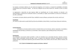 PROGRAMA DE EXPRESIONES ARTÍSTICAS 7°, 8° Y 9° 


Los  espacios  curriculares  abiertos  son  una  manera  de  organizar,  en  la  escuela,  un  conjunto  de  actividades  curriculares 
enriquecedoras  de  la formación  integral.      Se trata  de  la adopción  de  una  nueva  manera  de    entender  la  vida  y  la  cultura 
escolar. 
 
La  organización  y  desarrollo  de  estos  espacios  deben  ser  planificados  por  el  centro  educativo  en  atención  a  las 
particularidades e intereses de la institución escolar, la comunidad y la región, para fortalecer la cultura de la institución y 
con ello, su identidad.  
 
Los espacios curriculares abiertos permiten hacer realidad los nuevos enfoques y principios del currículo, como lo son: 
 
Flexibilidad: 
Por cuanto en cada escuela se podrá decidir qué tipo de actividades se desarrollarán, en qué tiempo y bajo qué condiciones. 
 
 
 
 
Contextualización: 
           Los espacios curriculares abiertos estarán en relación directa con los intereses, saberes, inquietudes, necesidades y 
posibilidades del alumnado, la institución y la comunidad.  Darán respuesta a cada realidad particular institucional y 
comunitaria. 

 
Participación: 
Esta  actividades  cocurriculares  deben  permitirle,  a  todos  los  miembros  de  la  comunidad  educativa:  docentes,  alumnos, 
padres,  líderes,  autoridades,  vecinos  del  lugar  y  otros,    el  apoyo  en  las  diferentes  iniciativas:  investigaciones  de  campo, 
veladas culturales, campeonatos deportivos, giras de asistencia social, coros, bandas, obras de teatro, talleres creativos y de 
producción. 
 
               7.3.2. ¿Cuál es la finalidad de los espacios curriculares  abiertos? 
 



                                                                     22
 