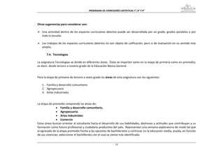 PROGRAMA DE EXPRESIONES ARTÍSTICAS 7°, 8° Y 9° 


  
Otras sugerencias para considerar son: 
 
    Una actividad dentro de los espacios curriculares abiertos puede ser desarrollada por un grado, grados paralelos o por 
    toda la escuela. 
 
    Los trabajos de los espacios curriculares abiertos no son objeto de calificación, pero sí de evaluación en su sentido más 
    amplio. 
 
        7.4.  Tecnologías 
 
La asignatura Tecnologías se divide en diferentes áreas.  Éstas se imparten tanto en la etapa de primaria como en premedia; 
es decir, desde tercero a noveno grado de la Educación Básica General.   
 
 
Para la etapa de primaria de tercero a sexto grado las áreas de esta asignatura son las siguientes: 
 
    1. Familia y desarrollo comunitario 
    2. Agropecuaria 
    3. Artes industriales 
 
 
La etapa de premedia comprende las áreas de: 
                • Familia y desarrollo comunitario,   
                • Agropecuaria.   
                • Artes industriales 
                • Comercio 
Estas áreas buscan orientar al estudiante hacia el desarrollo de sus habilidades, destrezas y actitudes que contribuyan a su 
formación como futuro profesional y ciudadano productivo del país.  Representan una ventana exploratoria de modo tal que 
el egresado de la etapa premedia frente a las opciones de bachilleratos a continuar en la educación media, pueda, en función 
de sus vivencias, seleccionar el bachillerato con el cual se sienta más identificado. 


                                                              24
 