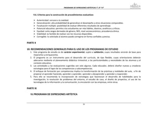 PROGRAMA DE EXPRESIONES ARTÍSTICAS 7°, 8° Y 9° 


       9.6. Criterios para la construcción de procedimientos evaluativos 
 
           Autenticidad: cercano a la realidad. 
           Generalización: alta probabilidad de generalizar el desempeño a otras situaciones comparables.  
           Focalización múltiple: posibilidad de evaluar diferentes resultados de aprendizaje. 
           Potencial educativo: permite a los estudiantes ser más hábiles, diestros, analíticos y críticos.  
           Equidad: evita sesgos derivados de género, NEE, nivel socioeconómico, procedencia étnica. 
           Viabilidad: es factible de realizar con los recursos disponibles. 
           Corregible: lo solicitado al alumno puede corregirse en forma confiable y precisa.  
 
PARTE X 
 
10. RECOMENDACIONES GENERALES PARA EL USO DE LOS PROGRAMAS DE ESTUDIO 
    1. Este programa de estudio es de carácter experimental, sujeto a validación, cuyos resultados servirán de base para 
       mejorarlos y enriquecerlos. 
    2. El  programa  es  un  instrumento  para  el  desarrollo  del  currículo,  de  tipo  flexible,  cuyas  orientaciones  deberán 
       adecuarse  mediante  el  planeamiento  didáctico  trimestral,  a  las  particularidades  y  necesidades  de  los  alumnos  y  el 
       contexto educativo. 
    3. Las  actividades  y  las  evaluaciones  sugeridas  son  solo  algunas.  Cada  educador,  deberá  diseñar  nuevas  y  creadoras 
       estrategias para el logro de las competencias y subcompetencias. 
    4. El enfoque de formación por competencias implica la transformación de las prácticas y realidades del aula,  a fin de 
       propiciar el aprender haciendo, aprender a aprender, aprender a desaprender y aprender a reaprender. 
    5. Para  ello  se  recomienda  la  incorporación  de  estrategias  que  favorezcan  el  desarrollo  de  habilidades  para  la 
       investigación,  la  resolución  de  problemas  del  entorno,  el  estudio  de  caso,  el  diseño  de  proyectos,  el  uso  de  las 
       tecnologías de la información y la comunicación, la vinculación con las empresas, entre otras. 
 
PARTE XI 
 
    10. PROGRAMA DE EXPRESIONES ARTÍSTICA 
 


                                                                   30
 