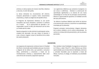 PROGRAMA DE EXPRESIONES ARTÍSTICAS 7°, 8° Y 9° 


artísticos, la danza expresa de manera más libre, dinámica               Las  sugerencias  didácticas  que  presenta  el  programa  no 
y más viva, el sentir del pueblo.                                       son  únicas  ni  definitivas.    Orientan  la  construcción  de 
                                                                        aprendizajes  significativos  y  la  vivencia  de  una  nueva 
La  danza  interpreta  las  circunstancias  del  entorno; 
                                                                        metodología  en  la  línea  de  los  principios  constructivistas.  
incorpora  plenamente  el  aspecto  motor  (movimientos 
                                                                        Ofrecen la oportunidad de ajustarlos a la realidad concreta 
corporales) y, amplía sus exigencias de equilibrio físico. 
                                                                        del aula y del entorno.  
El  Programa  de  Expresiones  Artísticas  es  una  acción 
                                                                         Se refieren al quehacer didáctico que vivirán los alumnos 
innovadora  que  busca  disciplinar,  aumentar  la  confianza 
                                                                        y las alumnas para construir y reconstruir sus aprendizajes, 
en  sí  mismo.        Da  la  oportunidad  de  aprender  a  ser 
                                                                        orientados por los docentes.   
responsable y asumir la vida y de interactuar con los otros 
y el medio que los rodea.                                               Propician  principios  constructivistas;  integran  elementos 
                                                                        de  la  cultura  cotidiana  y  de  la  cultura  sistematizada.    Se 
Nuestra propuesta no sólo estimula la participación activa, 
                                                                        centran en el desarrollo del pensamiento y de los procesos 
creadora  del  alumnado,  sino  que  inspira  al  docente  a 
                                                                        personales.  
crear, a buscar, imaginar, actuar en beneficio de las metas 
de nuestra educación. 

 

                                                           DESCRIPCIÓN 

Los programas de expresiones artísticas tienen la finalidad             Para satisfacer estas finalidades el programa se estructura 
de ofrecer al alumnado oportunidades para que incursione                en 4 Áreas, a saber: Área N° 1, Artes  Plásticas  que ofrece 
y  deguste  de  las  bellas  artes,  que  aprenda  a  comunicar         oportunidades para el desarrollo de habilidades, destrezas 
ideas,  sentimientos  y  emociones  a  través  de  las                  y  actitudes  favorables  para  la  expresión  a  través  del 
manifestaciones  artísticas  y  especialmente  debe  servir             dibujo, la pintura, el collage, el modelado y las actividades 
como forma de recreación y expansión espiritual.                        manuales. 




                                                                   34
 