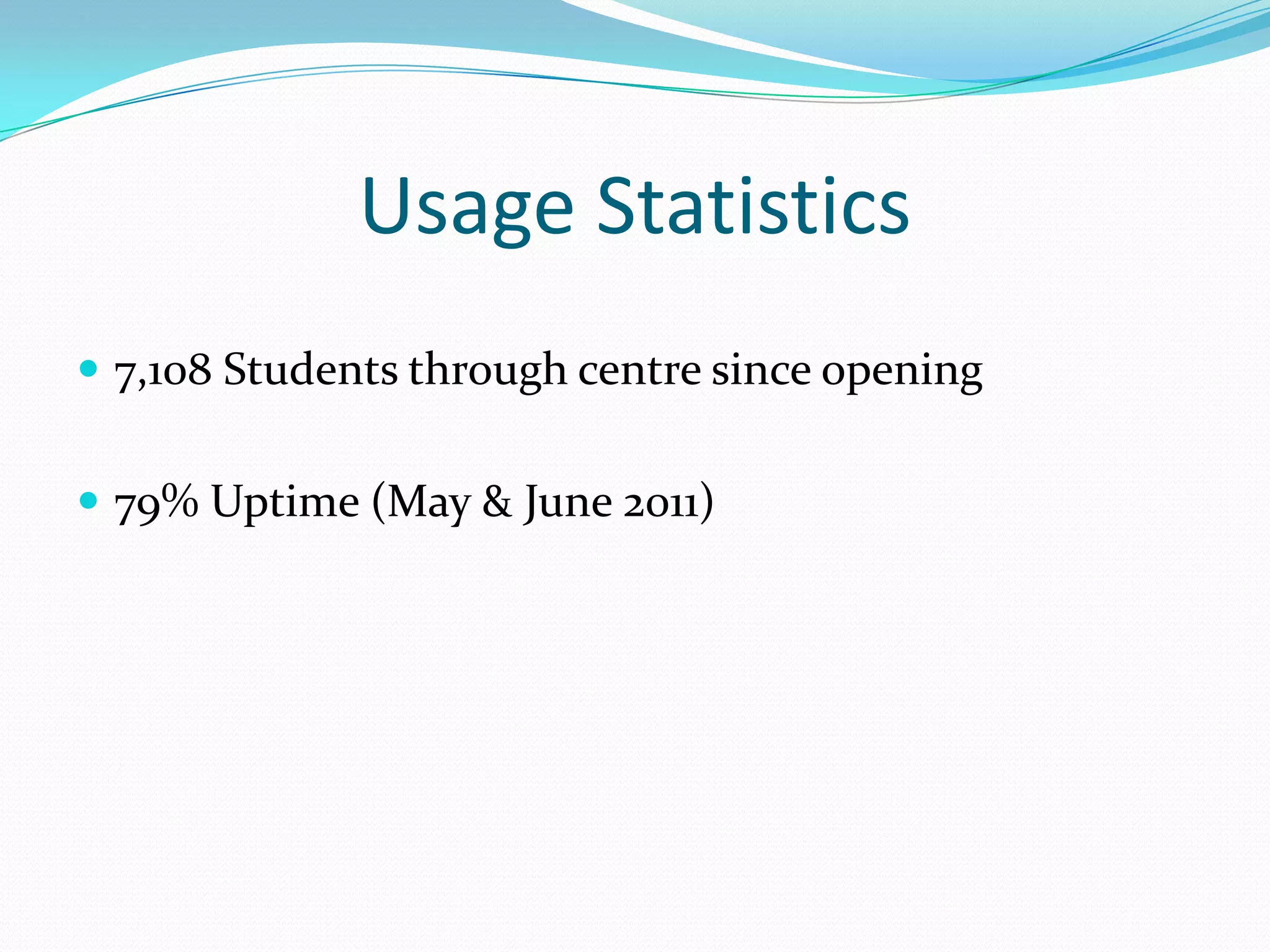 Usage Statistics7,108Students through centre since opening79% Uptime (May & June 2011)
