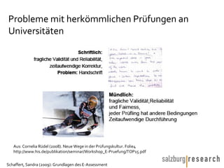 Probleme mit herkömmlichen Prüfungen an Universitäten Aus: Cornelia Rüdel (2008). Neue Wege in der Prüfungskultur. Folie4 http://www.his.de/publikation/seminar/Workshop_E-Pruefung/TOP15.pdf 