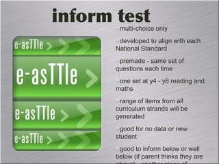 inform testmulti-choice only
developed to align with each
National Standard
premade - same set of
questions each time
one set at y4 - y8 reading and
maths
range of items from all
curriculum strands will be
generated
good for no data or new
student
good to inform below or well
below (if parent thinks they are
 