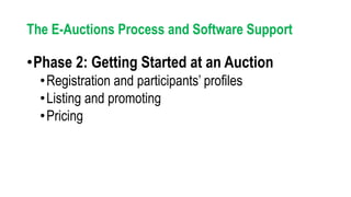 •Phase 2: Getting Started at an Auction
•Registration and participants’ profiles
•Listing and promoting
•Pricing
The E-Auctions Process and Software Support
 