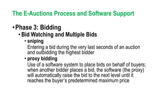 •Phase 3: Bidding
•Bid Watching and Multiple Bids
• sniping
Entering a bid during the very last seconds of an auction
and outbidding the highest bidder
• proxy bidding
Use of a software system to place bids on behalf of buyers;
when another bidder places a bid, the software (the proxy)
will automatically raise the bid to the next level until it
reaches the buyer’s predetermined maximum price
The E-Auctions Process and Software Support
 